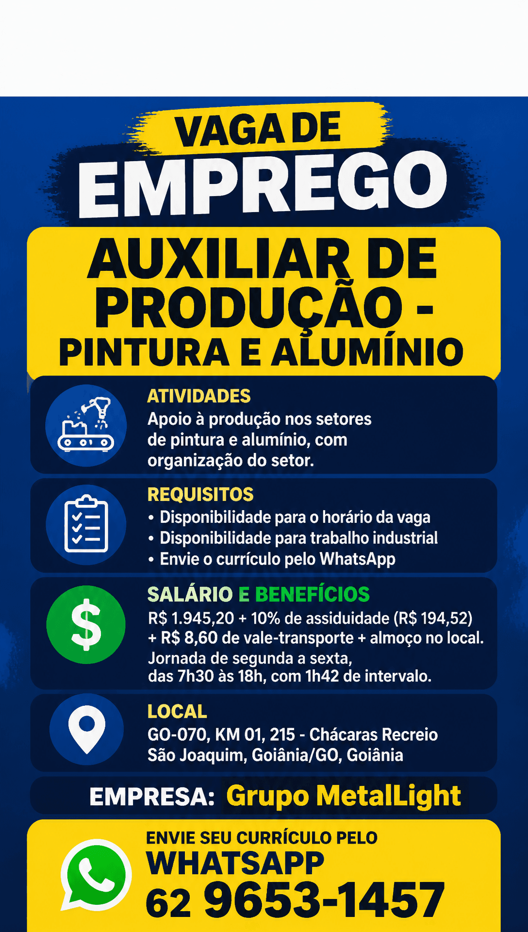 Arte da vaga de Auxiliar de Produção - Pintura e Alumínio