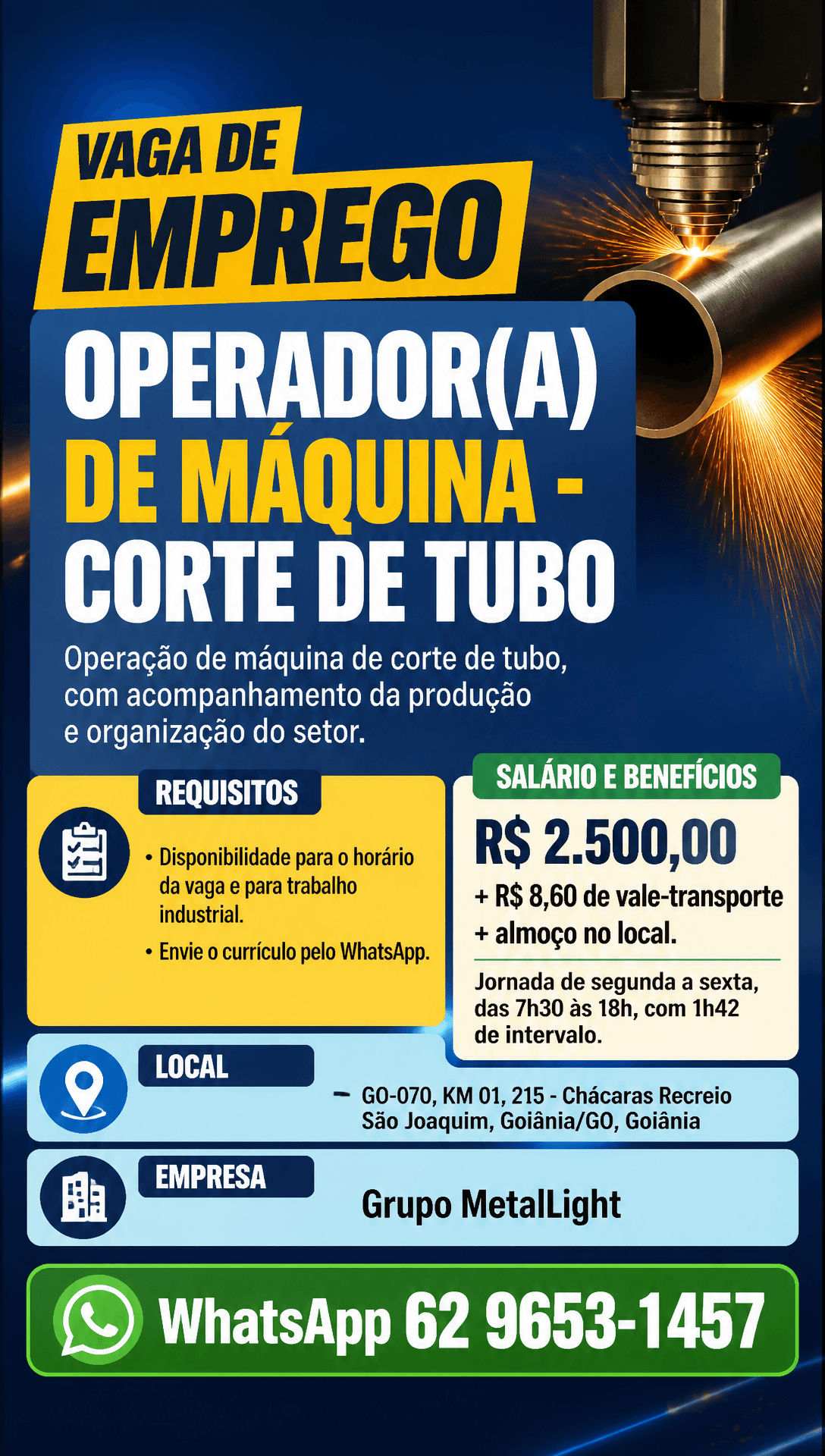Arte da vaga de Operador(a) de Máquina - Corte de Tubo