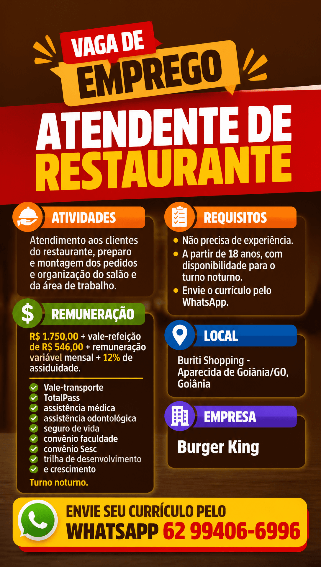 Arte da vaga de Atendente de Restaurante