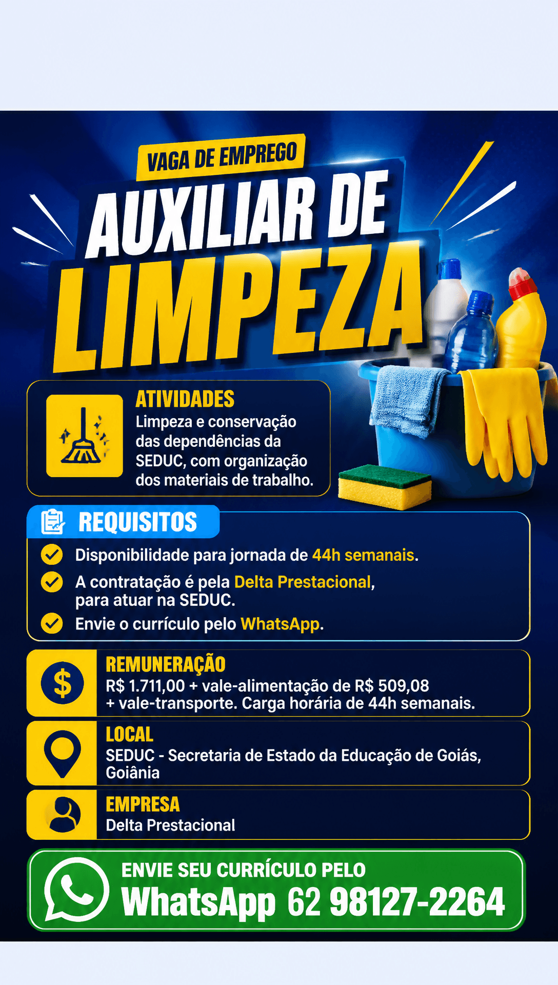Arte da vaga de Auxiliar de Limpeza