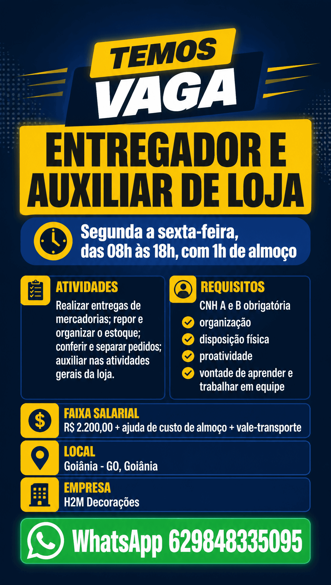 Arte da vaga de Entregador e Auxiliar de Loja