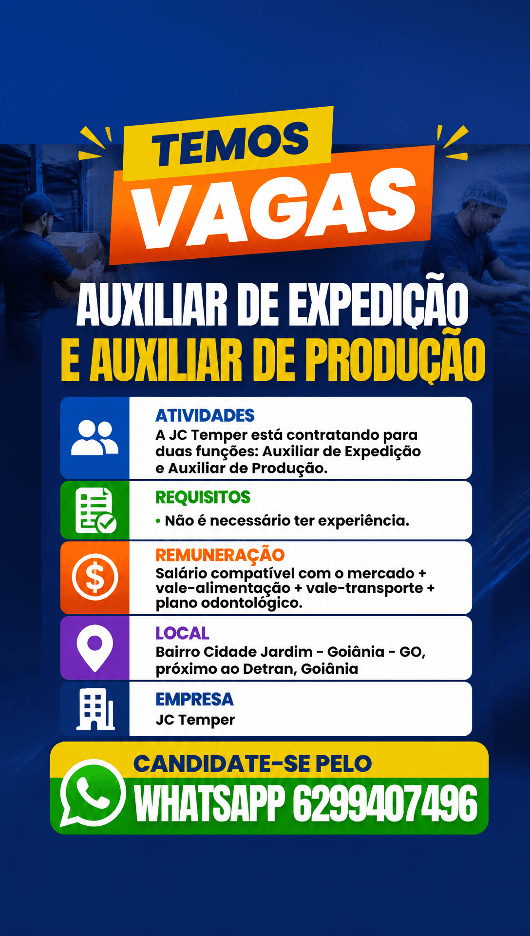 Arte da vaga de Auxiliar de Expedição e Auxiliar de Produção