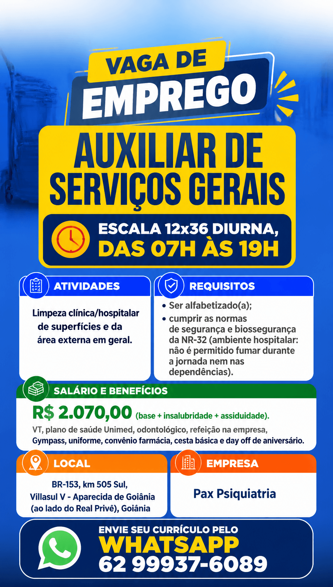 Arte da vaga de Auxiliar de Serviços Gerais