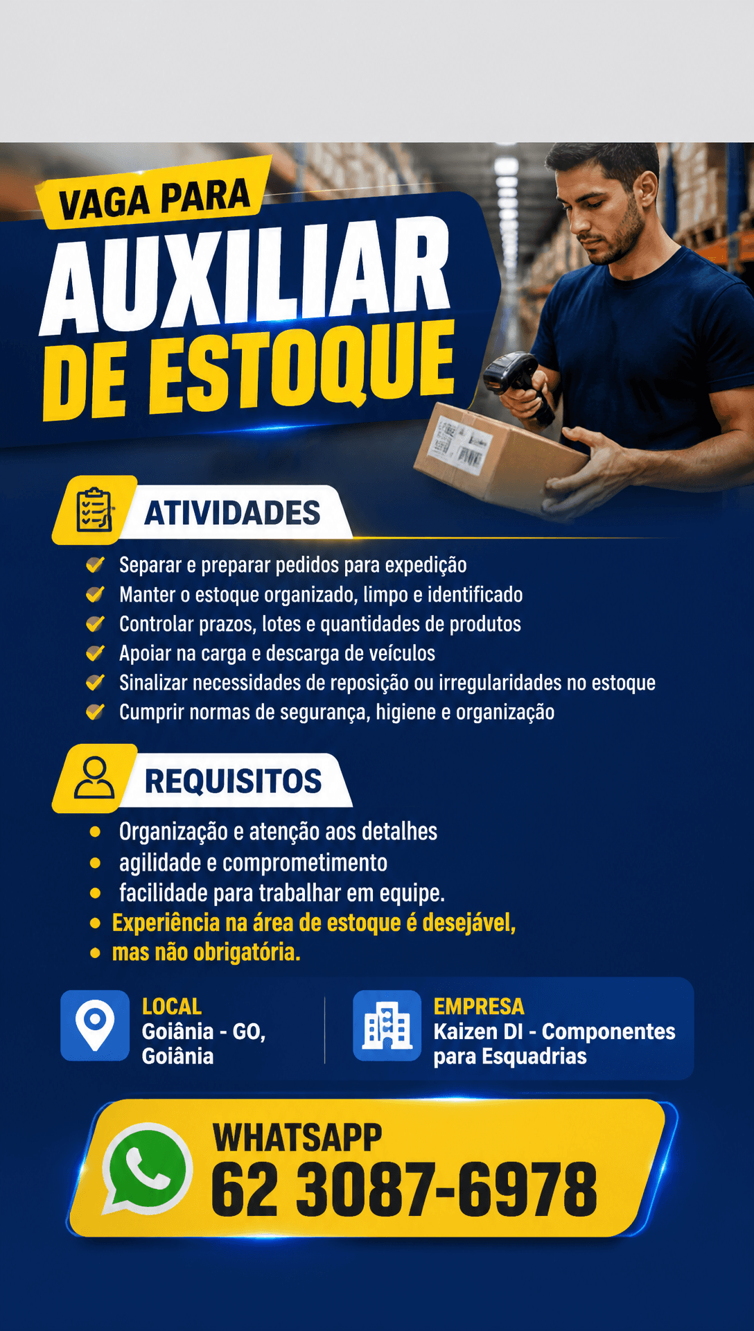 Arte da vaga de Auxiliar de Estoque