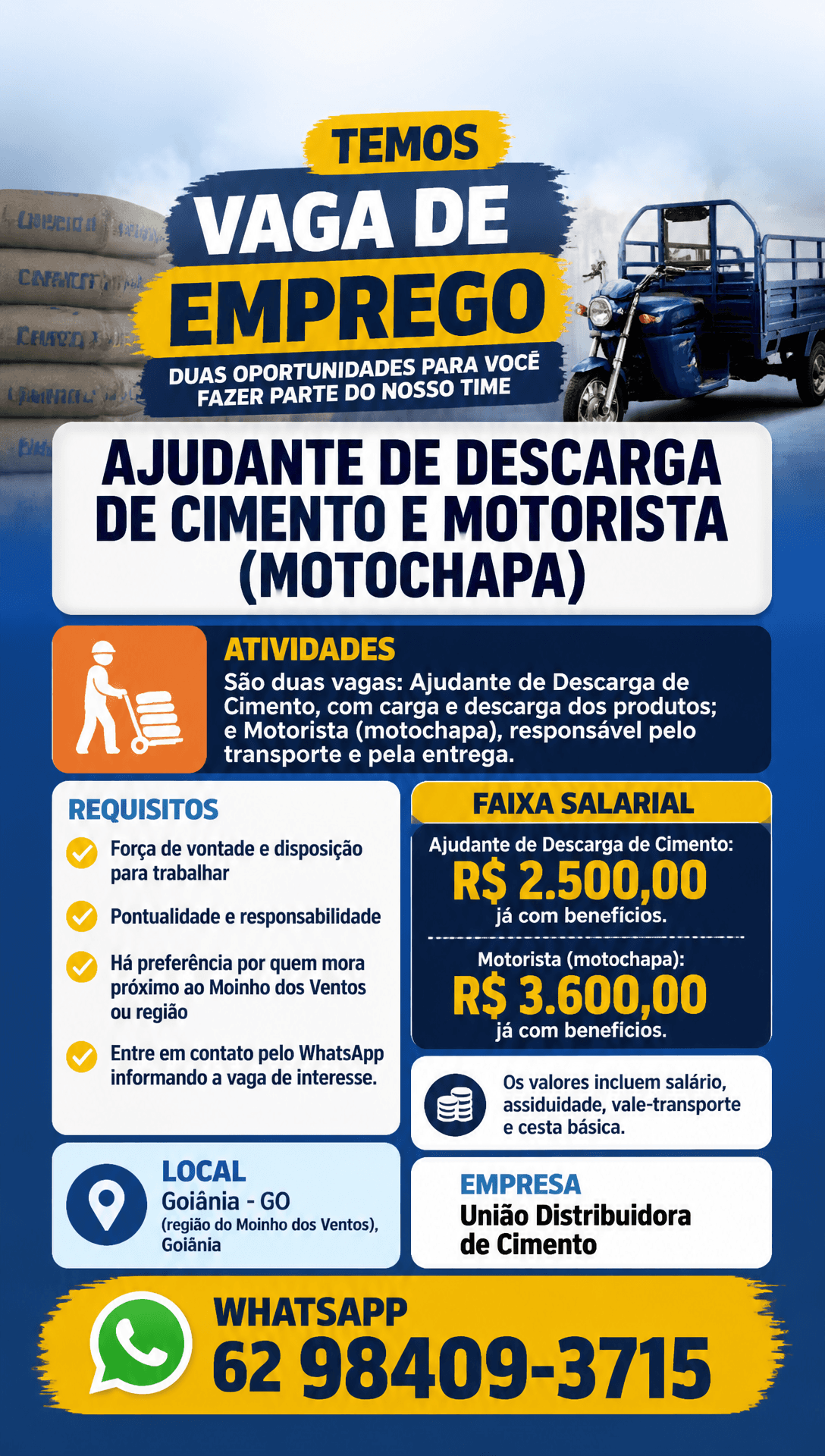 Arte da vaga de Ajudante de Descarga de Cimento e Motorista (Motochapa)
