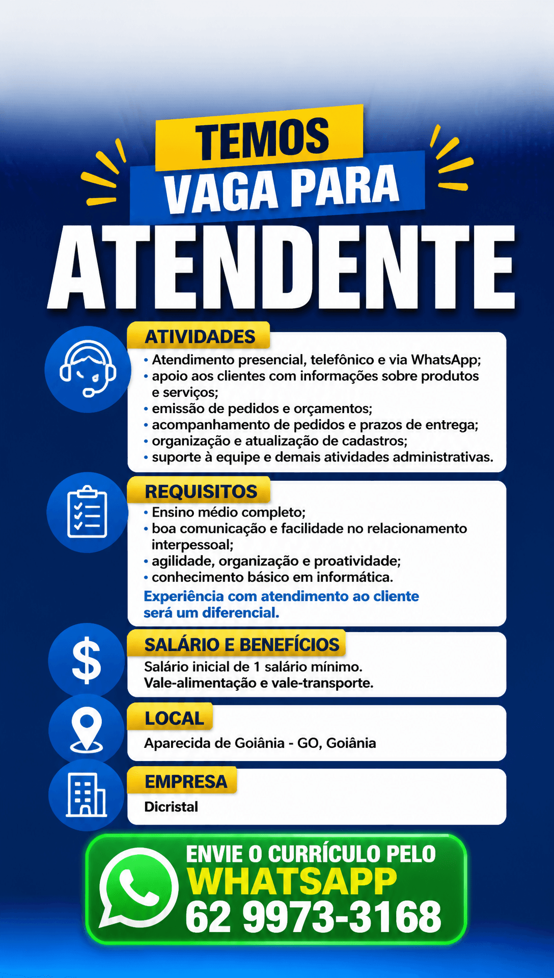 Arte da vaga de Atendente