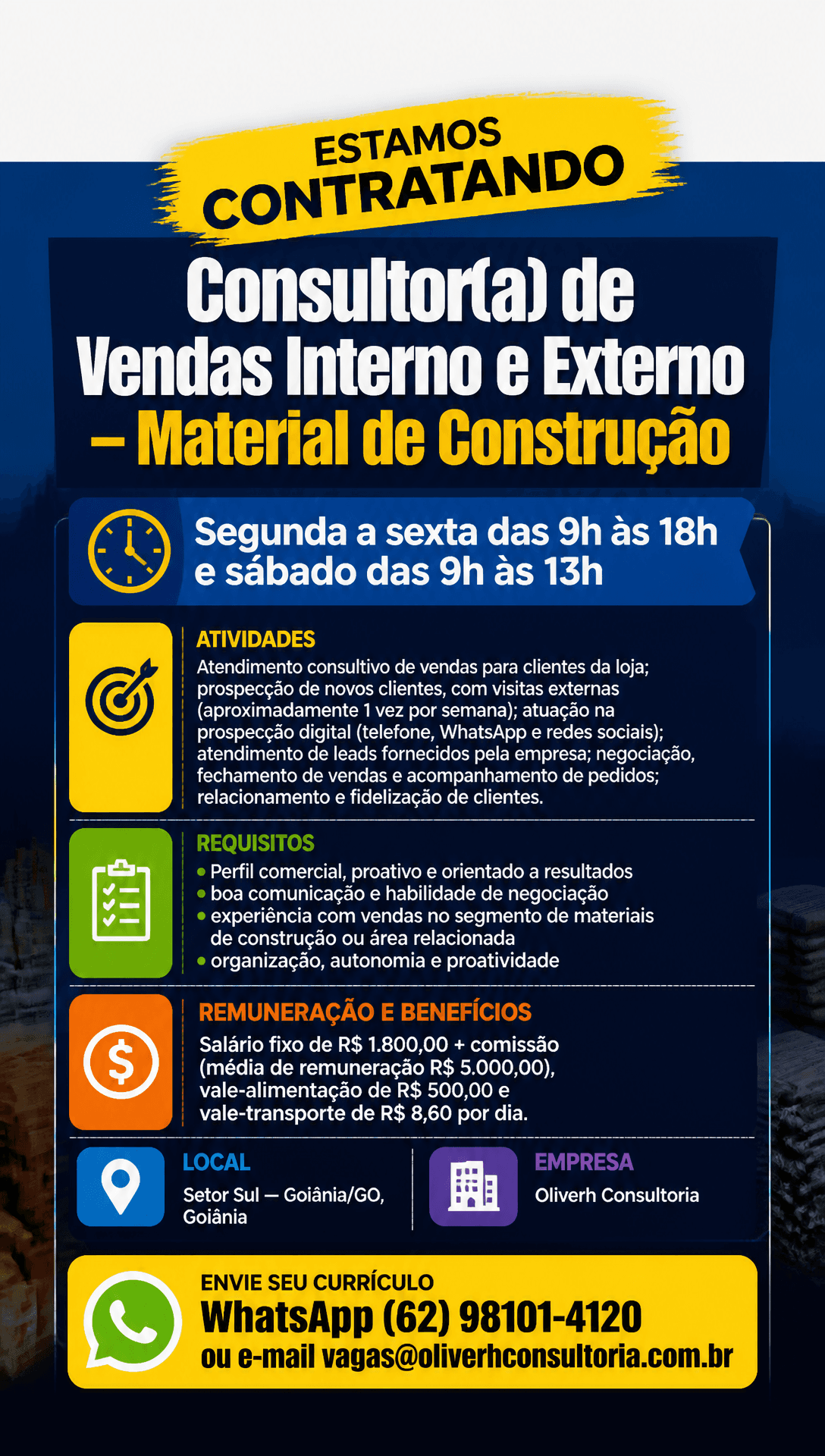 Arte da vaga de Consultor(a) de Vendas Interno e Externo — Material de Construção