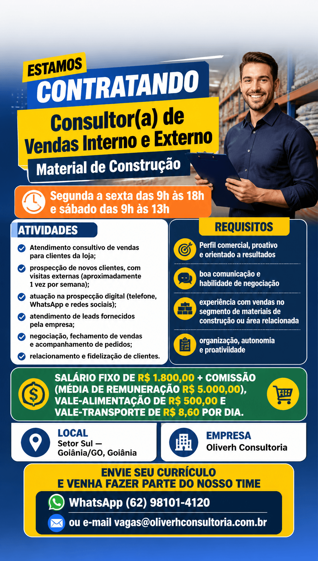 Arte da vaga de Consultor(a) de Vendas Interno e Externo — Material de Construção
