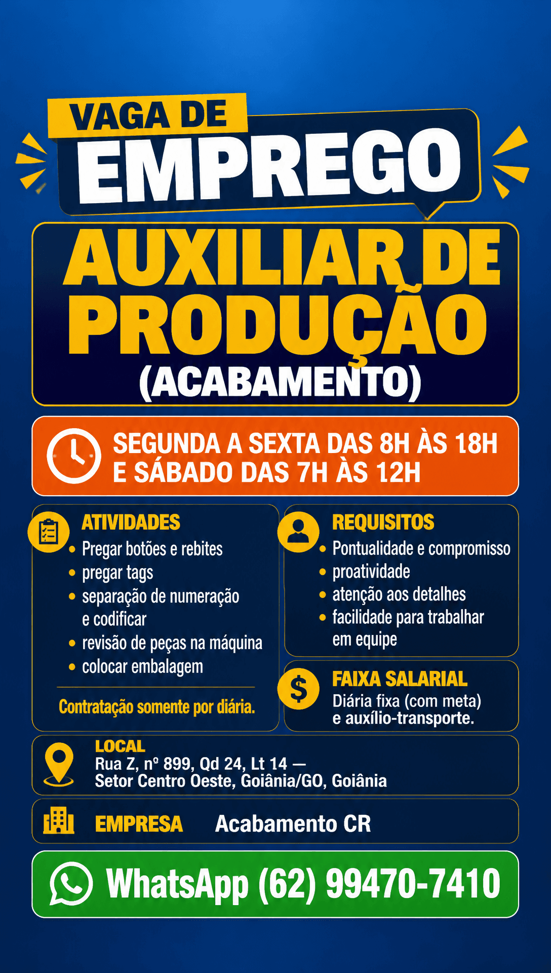 Arte da vaga de Auxiliar de Produção (Acabamento)